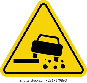 Yellow triangular warning sign with a car driving over an uneven road causing falling rocks, a flat graphic illustration for traffic safety and road hazard alerts.