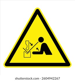 Yellow triangular warning sign depicting crushing hazard by hydraulic press machine.