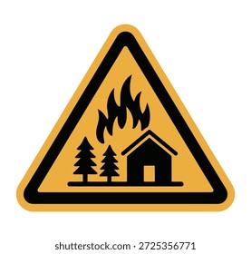 Una señal de advertencia triangular amarilla que representa una casa y árboles envueltos en llamas, lo que indica un peligro de incendio.