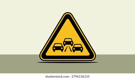 Yellow triangular warning sign depicting a traffic jam with three cars. Symbolizes congestion, traffic jams, and driving difficulties.