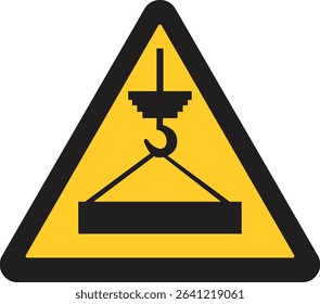 yellow triangular warning sign. It depicts a black overhead crane hook lifting a rectangular load, indicating a potential hazard from overhead loads or moving machinery