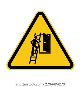 A yellow triangular warning sign depicts a person climbing a ladder towards an open door, indicating a potential hazard or caution.