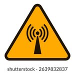 Yellow triangular warning sign featuring a stylized antenna emitting radio waves, symbolizing the potential health risks associated with exposure to non ionizing radiation