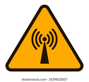 Yellow triangular warning sign featuring a stylized antenna emitting radio waves, symbolizing the potential health risks associated with exposure to non ionizing radiation