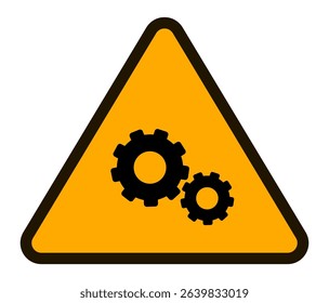 Yellow triangular warning sign featuring two gears, symbolizing potential hazards associated with automated machinery and industrial processes, emphasizing workplace safety and risk prevention