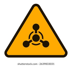 Yellow triangular warning sign featuring a stylized molecular structure, indicating the presence of hazardous chemical substances requiring caution and safety measures