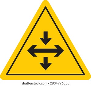 Yellow triangular warning sign featuring black arrows indicating multidirectional movement and flow