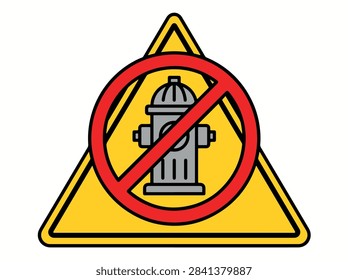 A yellow triangular warning sign featuring a red prohibition circle over a grey fire hydrant icon, indicating no parking or stopping near the hydrant.