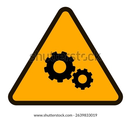 Yellow triangular warning sign featuring two gears, symbolizing potential hazards associated with automated machinery and industrial processes, emphasizing workplace safety and risk prevention