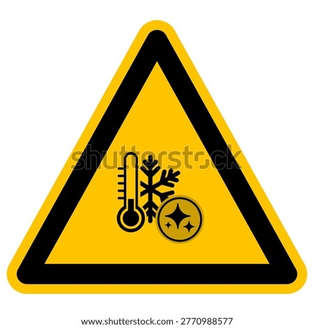 A yellow triangular warning sign featuring a black pictogram of a thermometer combined with a snowflake and a circular icon with sparkling stars, representing a cold temperature warning or smart climate control technology alert.