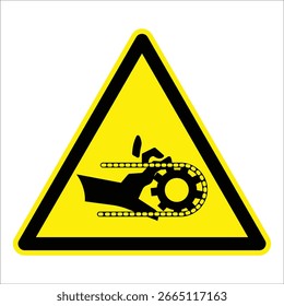 Yellow triangular warning sign indicating the danger of entanglement with rotating chains and cogs.