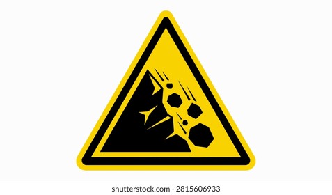 A yellow triangular warning sign indicating falling rocks or landslide hazards. This isolated icon is perfect for safety instructions, road construction materials, and environmental risk communication.
