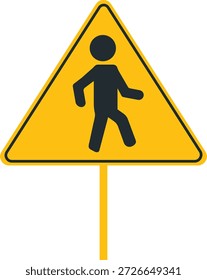 Silueta triangular amarilla de la señal de advertencia para los peatones que cruzan con la persona que camina para la seguridad vial
