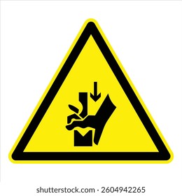Yellow triangular warning sign showing hand crushing hazard.