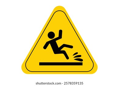 Yellow triangular warning sign, stick figure slipping, black silhouette, red bold text, "WET FLOOR" sign, caution symbol, safety hazard icon.