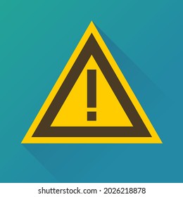 Yellow triangular warning symbol with a black exclamation mark on a blue background (flat design)