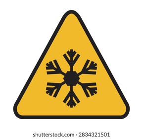 Yellow triangular winter warning sign with black snowflake symbol for cold weather, ice, hazard and safety.