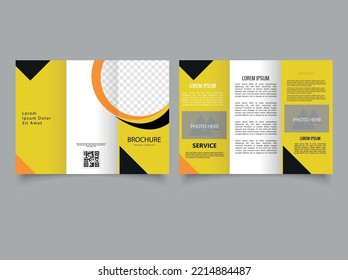 Yellow trifold brochure with black triangles. Flyer for printing. Template. Vector.