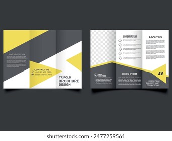 Yellow trifold brochure with triangles. Modern trifold brochure. Professional tri fold brochure vector design.