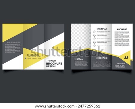 Yellow trifold brochure with triangles. Modern trifold brochure. Professional tri fold brochure vector design.