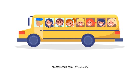 Yellow trip bus with kids going on excursion in school transport isolated on white. Driver in hat, children looking into window vector illustration