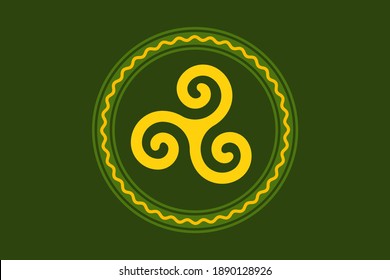 Yellow triskele, in a green circle frame with serpentine line, over moss green. Triskelion, ancient symbol and motif consisting of a triple spiral, exhibiting rotational symmetry. Illustration. Vector