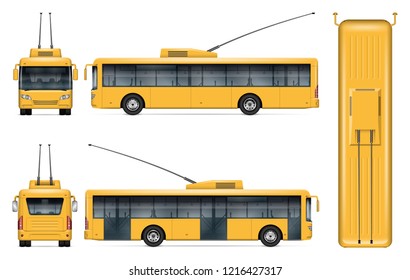 Yellow trolleybus vector mockup on white for vehicle branding, corporate identity. View from side, front, back, top. All elements in the groups on separate layers for easy editing and recolor