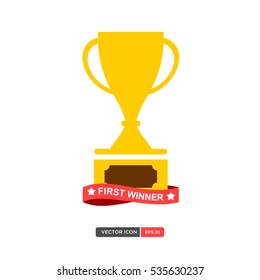 Yellow trophy cup icon vector with first winner ribbon. Flat design.Vector illustration eps 10
