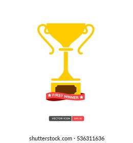 Yellow trophy cup icon vector with first winner ribbon. Flat design.Vector illustration eps 10