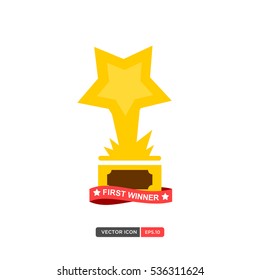 Yellow trophy star icon vector with first winner ribbon. Flat design.Vector illustration eps 10