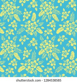 Yellow Tropical Exotic Foliage, Hibiscus Floral Vector Seamless Pattern. Lush Tropical Palm Leaves