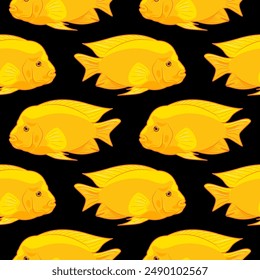 Yellow tropical fish seamless pattern. aquarium animals in flat style. Cichlid family. Cichlasoma citrinellum. pet care. For wallpaper, fabric, wrapping, background.