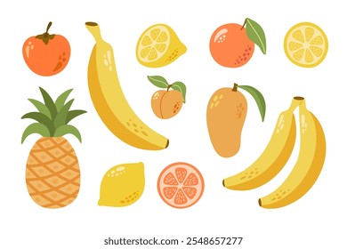 Frutos tropicais amarelos com folhas. Caquis, banana, limão, laranja, manga, damasco, pêssego, abacaxi. Coleção de desenhos animados vetoriais desenhados à mão.