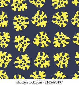 Yellow tropical leaves on dark blue seamless pattern vector