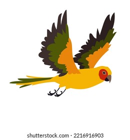 Yellow tropical parrot flying vector illustration. Bird flapping wings, movements of wings. Bright ara flying in sky isolated on white background. Animal, motion concept