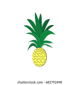 Yellow Tropical Pineapple With Long Green Leaves on White Background Isolated Vector Illustration
