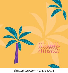 Yellow tropical plant herb palm tree seamless pattern floral inspiration graphic design typography element. Hand drawn postcard. Cute simple primitive vector paper cutout collage style