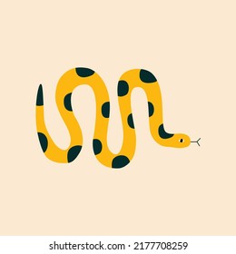 Yellow tropical snake hand drawn vector illustration. Isolated colorful serpent in flat style for logo or icon.