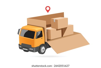 Yellow truck is arranging parcel boxes or cardboard boxes of goods order by customer online into container, vector 3d illustration isolated for e commerce, delivery, online shopping advertising design