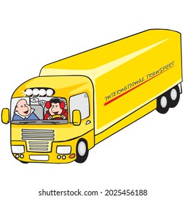 yellow truck, cabin with two men, humorous vector illustration