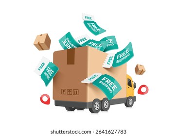 Yellow truck is carrying parcel box or cardboard box with free shipping promotion sign in box. When giving it as gift to customer, vector 3d isolated for delivery, e commerce, online shopping concept