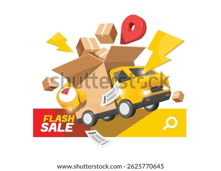 Yellow truck carrying parcel boxes or cardboard boxes full in the back with lightning bolt icon along with an alarm clock on side to notify of flash sale promotion, vector 3d for delivery advertising