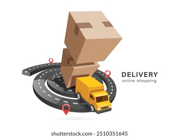 Yellow truck with container parked on the road To deliver the parcel box or cardboard box to the customer according to the red marker marked, vector 3d isolated for online shopping, e commerce design