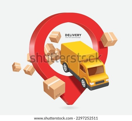 Yellow truck flew off a red pin to deliver products to customers and there were parcel boxes or cardboard boxes floating around, vector 3d for logistics ,delivery ,transport, online shopping concept