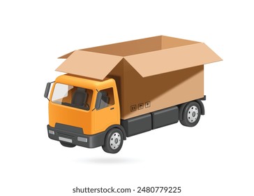 camión amarillo tenía un contenedor en la parte posterior que parecía una caja de cartón o caja de paquetes de apertura y en el interior vacío, Vector 3d aislado en el fondo blanco para el transporte, diseño de concepto de entrega