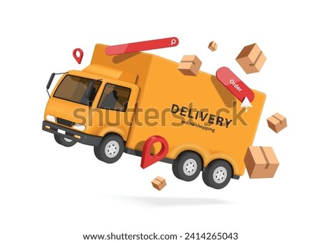 yellow truck, parcel boxes or cardboard, red pin location, order button, search bar floating in air for transportation, online shopping, delivery concept, vector 3D isolated for advertising design