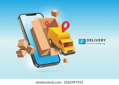 Yellow truck pull out of parcel box or cardboard boxes to deliver goods to customers. All in front of a smartphone screen floating in mid-air, vector 3d isolated for online shopping concept