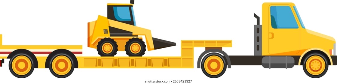 Yellow truck transporting heavy machinery on a lowboy trailer, illustrating essential construction logistics and efficient equipment transportation for various industrial applications