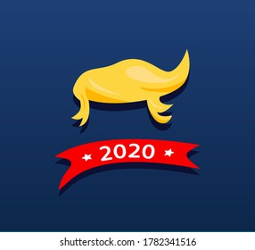 Yellow trump hair style of 2020 year. Red banner with stars. Isolated on dark blue background. Election 20202 USA.