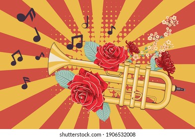 Yellow trumpet with red roses and music notes illustration.